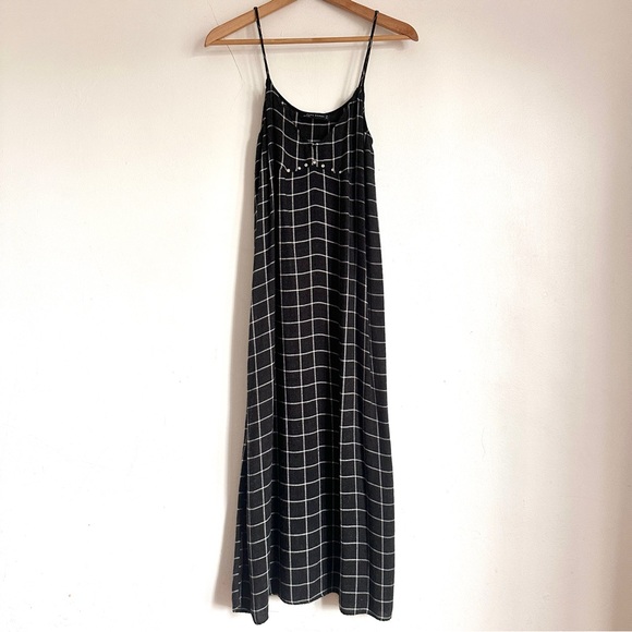 ZARA LONG PLAID FLANNEL STRAPY DRESS BLACK GRAY WHITE CHECKED STUDS S M - Picture 3 of 8